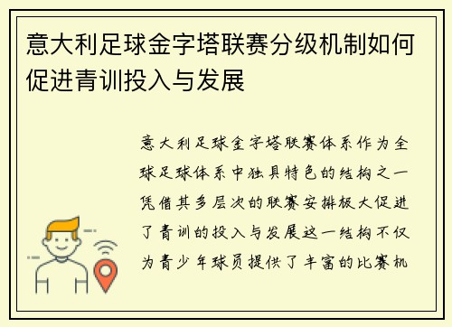 意大利足球金字塔联赛分级机制如何促进青训投入与发展
