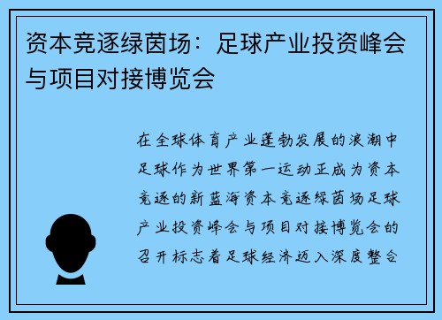 资本竞逐绿茵场：足球产业投资峰会与项目对接博览会